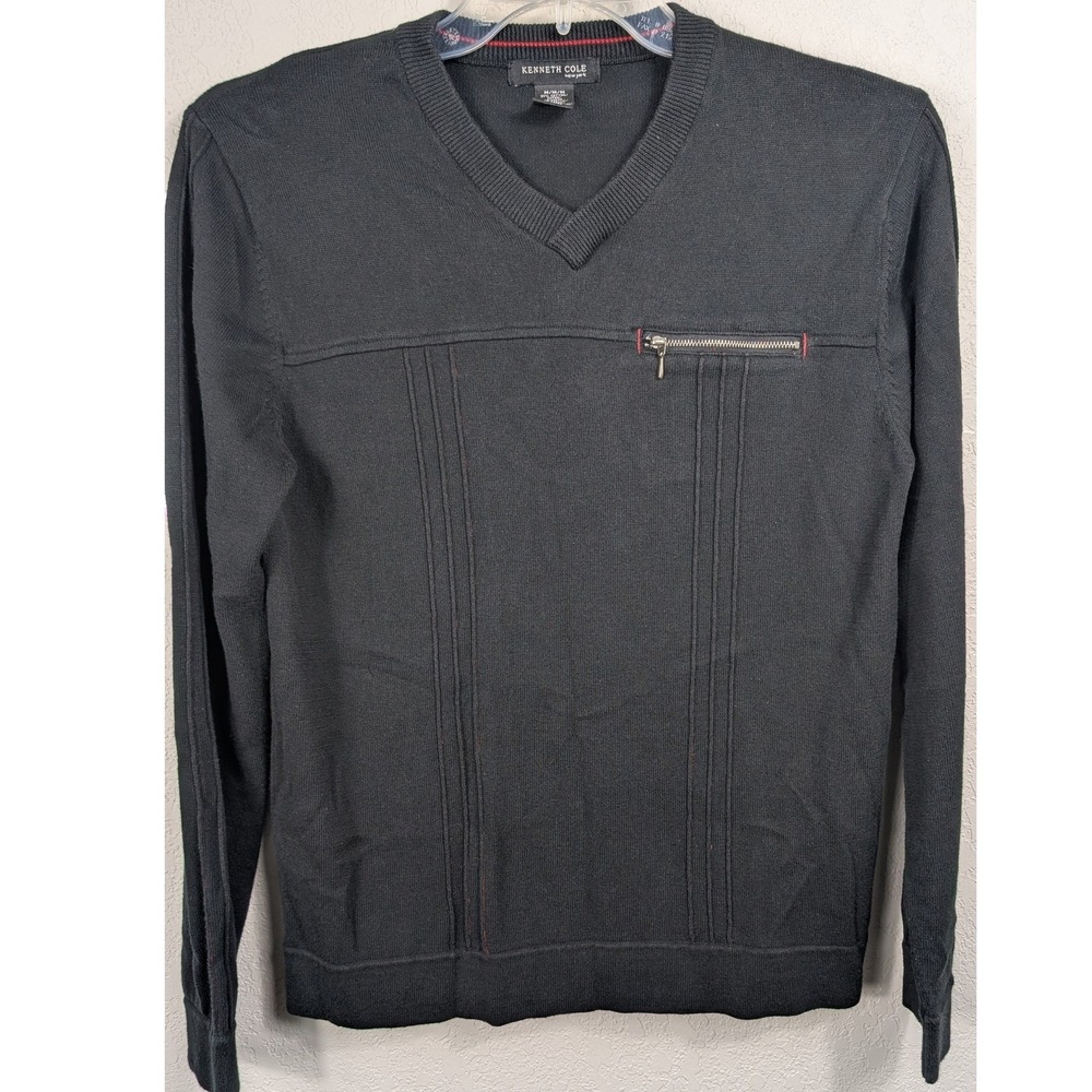 Kenneth Cole Mens Black‎ V Neck Long Sleeve Sweater Size Medium Zip Chest Pocket